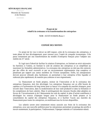 Projet de loi
relatif à la croissance et la transformation des entreprises
NOR : ECOT1810669L/Rose-1
EXPOSÉ DES MOTIFS
Ce ...