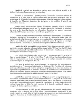 3/173
L’article 2 est relatif aux répertoires et registres ayant pour objet de recueillir et de
diffuser l’information lég...