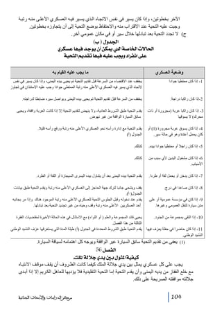 ‫اآلخر بخطوتين، وإذا كان يسير في نف س االتج اه ال ذي يس ير في ه العس كري األعل ى من ه رتب ة‬
‫وجبت عليه التحية عند االقتراب منه واالحتفاظ بوضع التحية إلى أن يتجاوزه بخطوتين.‬
‫ج( ال تجدد التحية بعد تبادلھا خالل سير أو في مكان عمومي آخر.‬
‫]¢‚‪ (h) Ùæ‬‬
‫]£^÷‪ ë†ÓŠÂ^ãéÊ‚qçèá_àÓµ{{Ö]í‘^¤]l‬‬
‫‪ íévjÖ]Üè‚Ïi^ãéÊäé×Âg«æ]†ËÞ]î×Â‬‬
‫ما يجب عليه القيام به‬

‫وﺿعية العسكري‬
‫1- إذا كان ممتطيا جوادا‬

‫يخفف عند االقتضاء من السرعة قبل تقديم التحية تم يحيى بيده اليمنى، وإذا كان يسير في نفس‬
‫التجاه الذي يسير فيه العسكري األعلى منه رتبة الممتطي جوادا وجب عليه االستئذان في تجاوزه‬

‫2-إذا كان راكبا دراجة.‬

‫يخفف من السرعة قبل تقديم التحية تم يحيى بيده اليمنى ويواصل سيره ضابطا لدراجته.‬

‫3- إذا كان راكبا عربة )مجرورة أو ذات‬
‫محرك( ال يسوقھا‬

‫يقدم التحية طبق الشروط العادية، وال ينھض لتقديم التحية إإل إذا كانت العربة واقفة، ويحيى‬
‫سائق السيارة الواقفة من غير نھوض.‬

‫4- إذا كان يسوق عربة مجرورة )1( أو‬
‫كان يحمل أعتدة وھو في حالة سير.‬

‫يقدم التحية مع إدارة رأسه نحو العسكري األعلى منه رتبة ورفع رأسه قليال.‬
‫الجدول )أ(‬

‫5- إذا كان راجال أو ممتطيا جوادا بيده.‬

‫كذلك.‬

‫6- إذا كان مشغول اليدين ألي سبب من‬
‫األسباب.‬

‫كذلك.‬

‫7- إذا كان يدخن أو يحمل لفة أو طردا.‬

‫يقدم التحية بيده اليمنى بعد أن يتناول بيده اليسرى السيجارة أو اللفة أو الطرد.‬

‫8- إذا كان صاعدا في درج.‬

‫يقف ويتنحى جانبا لترك جھة الحاجز إلى العسكري األعلى منه رتبة ويقدم التحية طبق بيانات‬
‫الجدول) أ(.‬
‫يقدم عند دخوله وقبل الجلوس التحية للعسكري األعلى منه رتبة الموجود ھناك وإذا مر بجانبه‬
‫أحد العسكريين األعلى منه رتبة وقف وحياه من غير تجديد التحية بعد تبادلھا.‬

‫9- إذا كان في مؤسسة عمومية أو على‬
‫متن سيارة للنقل العمومي وغيرھا.‬
‫01- إذا التقى بمجموعة من الجنود.‬
‫11- إذا كان حاضرا في حفلة يعزف فيھا‬
‫النشيد الوطني.‬

‫يحيى قائد المجموعة والعلم ) أو اللواء( مع االمتثال في ھذه الحالة األخيرة لمقتضيات الفقرة‬
‫الثالثة من ھذا الفصل.‬
‫يقدم التحية طبق الشروط المحددة في الجدول )أ( طيلة المدة التي يستغرقھا عزف النشيد الوطني.‬

‫)1( يعفى من تقديم التحية سائق السيارة عير الواقفة ويوجه كل اھتمامه لسياقة السيارة.‬
‫]‪ 56Ø’ËÖ‬‬
‫‪ JÔ×¹]íÖøqë‚è°eÙçn¹]íéËéÒ‬‬
‫يجب على كل عسكري يمثل بين يدي جاللة الملك كيفما كانت الظ روف أن يق ف موق ف االنتب اه‬
‫مع خلع القفاز من يديه اليمنى وأن يقدم التحية إما التحية التقليدية فال يؤديھا للعاھل الك ريم إال إذا أب دى‬
‫جاللته موافقته الصريحة على ذلك.‬
‫401‬

‫ﻣﺮﻛﺰ ﺍﻟﺪﺭﺍﺳﺎﺕ ﻭﺍﻷﺑﺤﺎﺙ ﺍﻟﺠﻨﺎﺋﻴﺔ‬

 