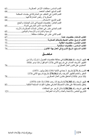 ‫القسم السادس: مخالفات األوامر العسكرية...................................36‬
‫القسم السابع: العطب المتعمد...................................................46‬
‫القسم الثامن: في التخلف عن المشاركة في جلسات المحكمة‬
‫العسكرية أو رفض المشاركة فيھا..............................46‬
‫القسم التاسع: االستسالم.........................................................46‬
‫القسم العاشر: مقتضيات تتميمية في شأن الجنايات والجنح‬
‫المقترفة ضد األمن الخارجي للدولة...........................56‬
‫القسم الحادي عشر: في اختالس البدالت العسكرية واألزياء‬
‫الرسمية والشارات واألوسمة والنياشين.......................56‬
‫القسم الثاني عشر: في مخالفات مختلفة.......................................66‬
‫الكتاب الثــالث: مقتضيات عامة.......................................................................................76‬
‫الكتاب الرابــع: مكاتب الضبط بالمحاكم العسكرية.................................................................27‬
‫الكتاب الخامس: مقتضيات انتقالية...................................................................................37‬
‫الكتاب السادس : مقتضيات استثنائية................................................................................37‬
‫الكتاب الســابع: تاريخ الشروع في العمل بھذا القانون...........................................................47‬

‫‪ Ð{{{v×{Ú‬‬
‫◄ ظھير شريف رقم 461.95.1 في مخالفة مقتضيات الفصول 11و21 و51 من‬
‫الظھير الشريف الصادر في 6 ربيع الثاني 6731 الموافق ل 01 نونبر 6591‬
‫المحتوي على قانون العدل العسكري.................................................................................67‬
‫◄ قانون رقم 17.2 بتاريخ 3 جمادي الثانية 1931 )62 يوليوز 1791(‬
‫المغير والمتمم للظھير الشريف رقم 1.65.072 بتاريخ 6 ربيع الثاني 6731‬
‫)01 نونبر 6591( المتعلق بقانون العدل العسكري................................................................87‬
‫◄ ظھير شريف رقم 383.47.1 بتاريخ 51 رجب 4931 )5 غشت 4791(‬
‫يتعلق بالمصادقة على نظام االنضباط العام في حظيرة القوات المسلحة الملكية...............................38‬
‫◄ ظھير شريف رقم 682.85.1 بشأن الزجر عن المخالفات‬
‫للتشريع الخاص باألسلحة والعتاد واألدوات المفرقعة............................................................121‬

‫421‬

‫ﻣﺮﻛﺰ ﺍﻟﺪﺭﺍﺳﺎﺕ ﻭﺍﻷﺑﺤﺎﺙ ﺍﻟﺠﻨﺎﺋﻴﺔ‬

 