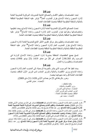 ‫]¹^‪ 10ì‬‬
‫ﺗحدد اختصاصات وﺗنظيم األقسام والمصالح التابعة للمديريات المركزية للمندوبية العاﻣة‬
‫42‬
‫إلدارة السجون وإعادة اإلدﻣاج بقرار للمندوب العام ﺗؤشر عليه السلطة الحكوﻣية المكلفة‬
‫بالمالية والسلطة الحكوﻣية المكلفة بتحديث القطاعات العاﻣة.‬

‫]¹^‪ 11ì‬‬
‫ﺗحدث المصالح الالﻣمركزة للمندوبية العاﻣة إلدارة السجون وإعادة اإلدﻣاج ويحدد ﺗنظيمھا‬
‫52‬
‫واختصاصاﺗھا وﻣقراﺗھا بقرار للمندوب العام إلدارة السجون وإعادة اإلدﻣاج ﺗؤشر عليه‬
‫السلطة الحكوﻣية المكلفة بالمالية والسلطة الحكوﻣية المكلفة بتحديث القطاعات العاﻣة.‬

‫]¹^‪ 12ì‬‬
‫ﺗحدد اختصاصات وﺗنظيم وﻣقر ﻣركز ﺗكوين األطر التابع للمندوبية العاﻣة إلدارة السجون‬
‫62‬
‫وإعادة اإلدﻣاج بقرار للمندوب العام إلدارة السجون وإعادة اإلدﻣاج ﺗؤشر عليه السلطة‬
‫الحكوﻣية المكلفة بالمالية والسلطة الحكوﻣية المكلفة بتحديث القطاعات العاﻣة.‬

‫]¹^‪ 13ì‬‬
‫ﺗنسخ جميع المقتضيات المتعلقة بمديرية إدارة السجون وإعادة اإلدﻣاج الواردة في‬
‫المرسوم رقم 583.89.2 الصادر في 82 ﻣن صفر 9141 )32 يونيو 8991( بتحديد‬
‫اختصاصات وﺗنظيم وزارة العدل.‬

‫]¹^‪ 14ì‬‬
‫يسند ﺗنفيذ ھذا المرسوم، الذي ينشر بالجريدة الرسمية، إلى المندوب العام إلدارة السجون‬
‫وإعادة اإلدﻣاج ووزير االقتصاد والمالية والوزير المنتدب لدى الوزير األول المكلف بتحديث‬
‫القطاعات العاﻣة كل واحد ﻣنھم فيما يخصه.‬
‫وحرر بالرباط في 52 ﻣن جمادى األولى 0341 )12 ﻣاي 9002(.‬
‫اإلﻣضاء : عباس الفاسي.‬
‫وقعه بالعطف :‬
‫وزير االقتصاد والمالية،‬
‫اإلﻣضاء : صالح الدين المزوار.‬
‫الوزير المنتدب لدى الوزير األول‬
‫المكلف بتحديث القطاعات العاﻣة ،‬
‫اإلﻣضاء : ﻣحمد عبو.‬
‫42‬

‫52‬

‫62‬

‫ قرار للمندوب العام إلدارة السجون وإعادة اإلدﻣاج رقم 90.4251 صادر في 52 ﻣن جمادى األولى 0341‬‫)12 ﻣاي 9002( بتحديد اختصاصات وتنظيم أقسام ومصالح المديريات المركزية التابعة للمندوبية العامة‬
‫إلدارة السجون وإعادة اإلدماج، ج ر عدد 0575 بتاريخ 61 رجب 0341 )9 يوليو 9002( ص 5583.‬
‫ قرار للمندوب العام إلدارة السجون وإعادة اإلدﻣاج رقم 90.6542 صادر في 82 ﻣن رﻣضان 0341 )81‬‫سبتمبر 9002( بإحداث وتحديد اختصاصات وتنظيم المصالح الالممركزة للمندوبية العامة إلدارة السجون‬
‫وإعادة اإلدماج، ج ر عدد 8875 الصادرة في فاﺗح ذو الحجة 0341 )91 نوفمبر 9002( ص 3575.‬
‫ قرار للمندوب العام إلدارة السجون وإعادة اإلدﻣاج رقم 90.4362 صادر في 2 ﻣحرم 1341 )91 ديسمبر‬‫9002( بشأن إحداث مركز تكوين أطر المندوبية العامة إلدارة السجون وإعادة اإلدماج، ج ر عدد 1185‬
‫الصادرة بتاريخ 32 صفر 1341 )8 فبراير 0102( ص 144.‬

‫201‬

‫ﻣﺮﻛﺰ ﺍﻟﺪﺭﺍﺳﺎﺕ ﻭﺃﺑﺤﺎﺙ ﺍﻟﺴﻴﺎﺳﺔ ﺍﻟﺠﻨﺎﺋﻴﺔ‬

 