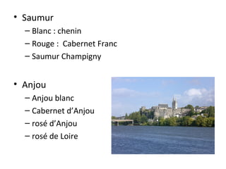 • Saumur
– Blanc : chenin
– Rouge : Cabernet Franc
– Saumur Champigny
• Anjou
– Anjou blanc
– Cabernet d’Anjou
– rosé d’Anjou
– rosé de Loire
 