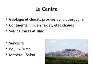 Le Centre
• Géologie et climats proches de la bourgogne
• Continental : hivers rudes, étés chauds
• Sols calcaires et silex
• Sancerre
• Pouilly Fumé
• Menetou-Salon
 