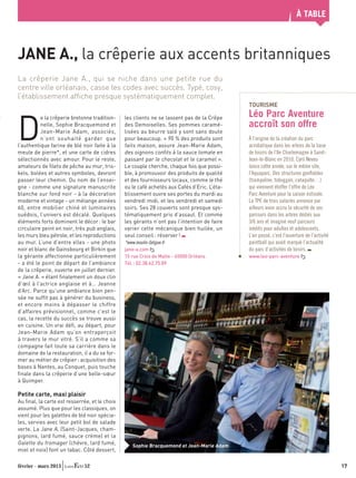 À TABLE



JANE A., la crêperie aux accents britanniques
La crêperie Jane A., qui se niche dans une petite rue du
centre ville orléanais, casse les codes avec succès. Typé, cosy,
l’établissement afﬁche presque systématiquement complet.
                                                                                             TOURISME
                                                                                             Léo Parc Aventure

D
          e la crêperie bretonne tradition-    les clients ne se lassent pas de la Crêpe
          nelle, Sophie Bracquemond et         des Demoiselles. Ses pommes caramé-           accroît son offre
          Jean-Marie Adam, associés,           lisées au beurre salé y sont sans doute
          n’ont souhaité garder que            pour beaucoup. « 90 % des produits sont       À l’origine de la création du parc
l’authentique farine de blé noir faite à la    faits maison, assure Jean-Marie Adam,         acrobatique dans les arbres de la base
meule de pierre*, et une carte de cidres       des oignons conﬁts à la sauce tomate en       de loisirs de l’Ile Charlemagne à Saint-
sélectionnés avec amour. Pour le reste,        passant par le chocolat et le caramel ».      Jean-le-Blanc en 2010, Cyril Neveu
amateurs de ﬁlets de pêche au mur, tris-       Le couple cherche, chaque fois que possi-     lance cette année, sur le même site,
kels, bolées et autres symboles, devront       ble, à promouvoir des produits de qualité     l’Aquaparc. Des structures gonﬂables
passer leur chemin. Du nom de l’ensei-         et des fournisseurs locaux, comme le thé      (trampoline, toboggan, catapulte…)
gne - comme une signature manuscrite           ou le café achetés aux Cafés d’Eric. L’éta-   qui viennent étoffer l’offre de Léo
blanche sur fond noir - à la décoration        blissement ouvre ses portes du mardi au       Parc Aventure pour la saison estivale.
moderne et vintage - un mélange années         vendredi midi, et les vendredi et samedi      La TPE de trois salariés annonce par
60, entre mobilier chiné et luminaires         soirs. Ses 28 couverts sont presque sys-      ailleurs avoir accru la sécurité de ses
suédois, l’univers est décalé. Quelques        tématiquement pris d’assaut. Et comme         parcours dans les arbres dédiés aux
éléments forts dominent le décor : le bar      les gérants n’ont pas l’intention de faire    3/6 ans et imaginé neuf parcours
circulaire peint en noir, très pub anglais,    varier cette mécanique bien huilée, un        inédits pour adultes et adolescents.
les murs bleu pétrole, et les reproductions    seul conseil : réserver !                     L’an passé, c’est l’ouverture de l’activité
au mur. L’une d’entre elles - une photo        *www.moulin-fatigue.fr                        paintball qui avait marqué l’actualité
noir et blanc de Gainsbourg et Birkin que      jane-a.com                                    du parc d’activités de loisirs.
la gérante affectionne particulièrement        15 rue Croix de Malte - 45000 Orléans         www.leo-parc-aventure
- a été le point de départ de l’ambiance       Tél. : 02.38.42.75.89
de la crêperie, ouverte en juillet dernier.
« Jane A. » étant ﬁnalement un doux clin
d’œil à l’actrice anglaise et à… Jeanne
d’Arc. Parce qu’une ambiance bien pen-
sée ne sufﬁt pas à générer du business,
et encore moins à dépasser le chiffre
d’affaires prévisionnel, comme c’est le
cas, la recette du succès se trouve aussi
en cuisine. Un vrai déﬁ, au départ, pour
Jean-Marie Adam qu’on entraperçoit
à travers le mur vitré. S’il a comme sa
compagne fait toute sa carrière dans le
domaine de la restauration, il a du se for-
mer au métier de crêpier : acquisition des
bases à Nantes, au Conquet, puis touche
ﬁnale dans la crêperie d’une belle-sœur
à Quimper.

Petite carte, maxi plaisir
Au ﬁnal, la carte est resserrée, et le choix
assumé. Plus que pour les classiques, on
vient pour les galettes de blé noir spécia-
les, servies avec leur petit bol de salade
verte. La Jane A. (Saint-Jacques, cham-
pignons, lard fumé, sauce crème) et la
Galette du fromager (chèvre, lard fumé,           Sophie Bracquemond et Jean-Marie Adam
miel et noix) font un tabac. Côté dessert,

février - mars 2013          52                                                                                                            17
 