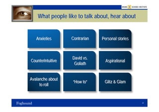 What people like to talk about, hear about


   Anxieties       Contrarian   Personal stories



                   David vs.
Counterintuitive                  Aspirational
                    Goliath


Avalanche about
                   “How to”      Glitz & Glam
     to roll


                                                   22
 