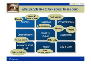 What people like to talk about, hear about
                        Drugs 4th                   Real women
                      Cause of death
     Dignity
             Anxieties                   Contrarian             Personal stories
                                   Testosterone
                                                          Sharing
                                                                          Poem
                                          David vs.
        Counterintuitive                                          Aspirational
                                           Goliath
    Find vs. search                               Differently

       Avalanche about
                                           “How to”              Glitz & Glam
            to roll
                                            Stars
Viagra of the brain                    In your industry


                                                                                   32
 