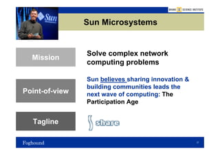 Sun Microsystems


                Solve complex network
  Mission
                computing problems

                Sun believes sharing innovation &
                building communities leads the
Point-of-view   next wave of computing: The
                Participation Age


  Tagline

                                                    37
 