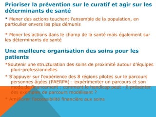 Prioriser la prévention sur le curatif et agir sur les
déterminants de santé
* Mener des actions touchant l’ensemble de la population, en
particulier envers les plus démunis
* Mener les actions dans le champ de la santé mais également sur
les déterminants de santé
Une meilleure organisation des soins pour les
patients
*Soutenir une structuration des soins de proximité autour d’équipes
pluri-professionnelles
* S’appuyer sur l’expérience des 8 régions pilotes sur le parcours
personnes âgées (PAERPA) : expérimenter un parcours et son
mode de financement : comment le handicap peut - il présenter
des exemples de parcours modélisant ?
* Améliorer l’accessibilité financière aux soins
 