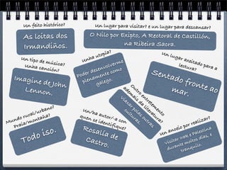 Un feito histórico?             Un lugar para visitar? e un lugar para descansar?

        As loitas dos                O Nilo por Exipto, A Rectoral de Castillón,
                                                 na Ribeira Sacra.
        Irmandiños.
                                               a?                             Un l
                                        u topí                                      ugar
      Un tipo
              de músi           Unha                   e                                   axeit
       Unha ca        ca?                       lver
                                                    m                                  lectu ado para
                nción?
                                      d es envo omo                     Sen                    ra?           a
                                  der            c
                                o            nte                            t     ado f
   Imagine                    P        ame go.
           de John                plen gale                                             ront
                                                        ad Out                               e ao
      Lennon                                               em ro                  mar
             .                                        Vi       ai en                   .
                                                         ax s d tret
                                                           ar        a
                      ?                                                lit eme
                  ano                                    cu pol
                b
            l/ur ?
                                  Un/h
                                        a                   ltu   as erat nto
        rura taña              quen autor/-                     ra ou ura
Mundo mon                              se id       a con          s.  tra      ?                     i zar?
     raia
          /                                  entif
                                                   ique                    s                  r real
   P                              Rosa                                                   o po
               so.
                                                         ?                            ei                   a
                                            lía d                                 anc                 stin
            doi                            e                                   Un                  le
                                                                                               e Pa as, e
       To
                                                                                            k
                                  Cast                                             it
                                                                                           a
                                                                                      ar Ir oitos d
                                                                                                    í
                                       ro.                                      Vis nte m ilo.
                                                                                     a
                                                                                 dur tranqu
 