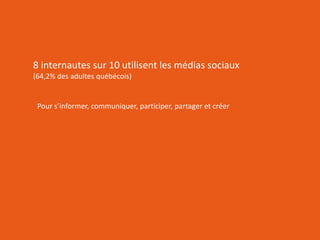 RÉSEAUTER
EFFICACEMENT
l’aide des outils web d’aujourd’hui
8 internautes sur 10 utilisent les médias sociaux
(64,2% des adultes québécois)
Pour s’informer, communiquer, participer, partager et créer
 