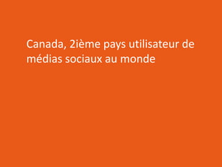 RÉSEAUTER
EFFICACEMENT
l’aide des outils web d’aujourd’hui
Canada, 2ième pays utilisateur de
médias sociaux au monde
 