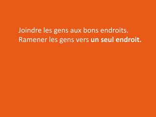 RÉSEAUTER
EFFICACEMENT
l’aide des outils web d’aujourd’hui
Joindre les gens aux bons endroits.
Ramener les gens vers un seul endroit.
 