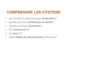 • Que veulent-ils faire dans leurs temps libres?
• Quelles sont leurs préférences et intérêts?
• Quelles sont leurs contraintes?
• Ou s’informent-ils?
• Ou vont-ils?
• Quels modes de communication utilisent-ils?
COMPRENDRE LES CITOYENS
 