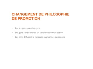 CHANGEMENT DE PHILOSOPHIE
DE PROMOTION
• Par les gens, pour les gens.
• Les gens sont devenus un canal de communication
• Les gens diffusent le message aux bonnes personnes
 