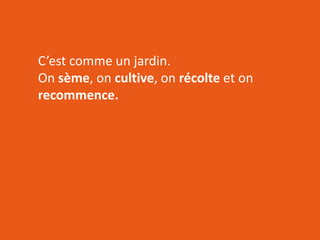 RÉSEAUTER
EFFICACEMENT
l’aide des outils web d’aujourd’hui
C’est comme un jardin.
On sème, on cultive, on récolte et on
recommence.
 