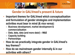 GALVmed and gender: Challenges and lessons learned