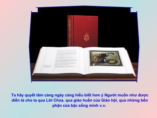 Ta hãy quyết tâm càng ngày càng hiểu biết hơn ý Người muốn như được diễn tả cho ta qua Lời Chúa, qua giáo huấn của Giáo hội, qua những bổn phận của bậc sống mình v.v.   