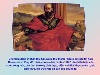Chúng ta đang ở phần thứ hai của lá thư thánh Phaolô gởi các tín hữu Roma, nơi vị tông đồ mô tả cho ta cách hành sử Kitô như biểu hiện của cuộc sống mới, của tình thương đích thực, niềm vui đích thực, niềm tự do đích thực, mà Đức Kitô đã ban cho chúng ta;   