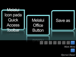 Melalui 
Icon pada 
Quick 
Access 
Toolbar 
Melalui 
Office 
Button 
Save as 
Main Menu 
Operasi Dasar 
 
