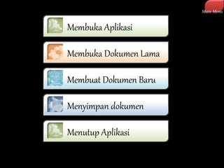 Membuka Aplikasi 
Membuka Dokumen Lama 
Membuat Dokumen Baru 
Menyimpan dokumen 
Menutup Aplikasi 
Main Menu 
 