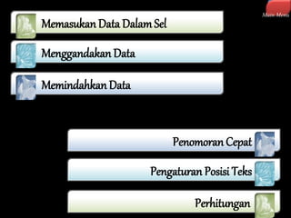 Perhitungan 
Memasukan Data Dalam Sel 
Menggandakan Data 
Memindahkan Data 
Penomoran Cepat 
Pengaturan Posisi Teks 
Main Menu 
 
