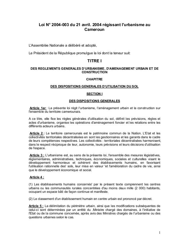 Loi 2004 003 Regissant L Urbanisme Au Cameroun