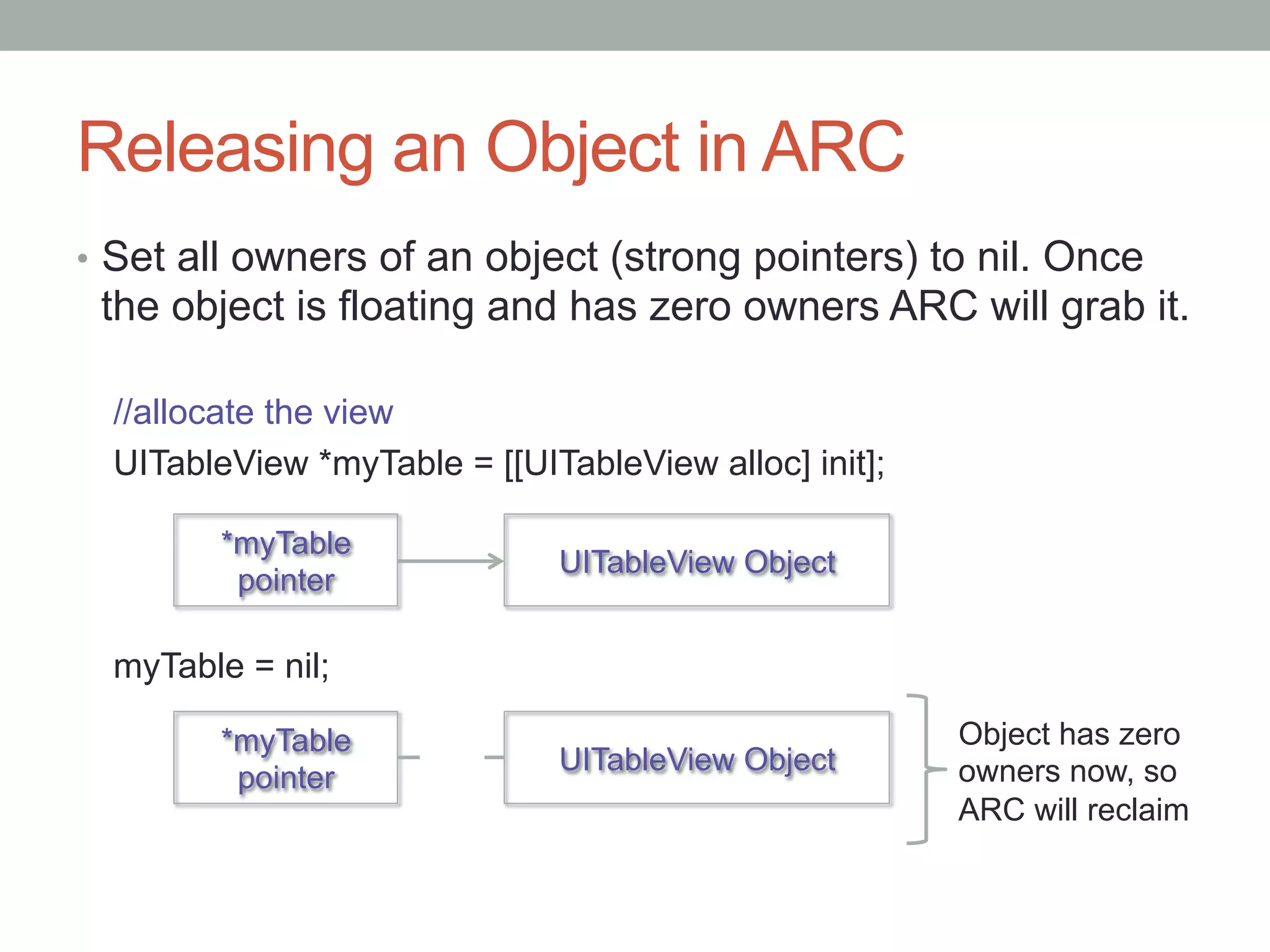 Releasing an Object in ARC
•  Set all owners of an object (strong pointers) to nil. Once
 the object is floating and has zero owners ARC will grab it.

  //allocate the view
  UITableView *myTable = [[UITableView alloc] init];

        *myTable
                              UITableView Object
         pointer

  myTable = nil;

        *myTable                                       Object has zero
                              UITableView Object       owners now, so
         pointer
                                                       ARC will reclaim
 