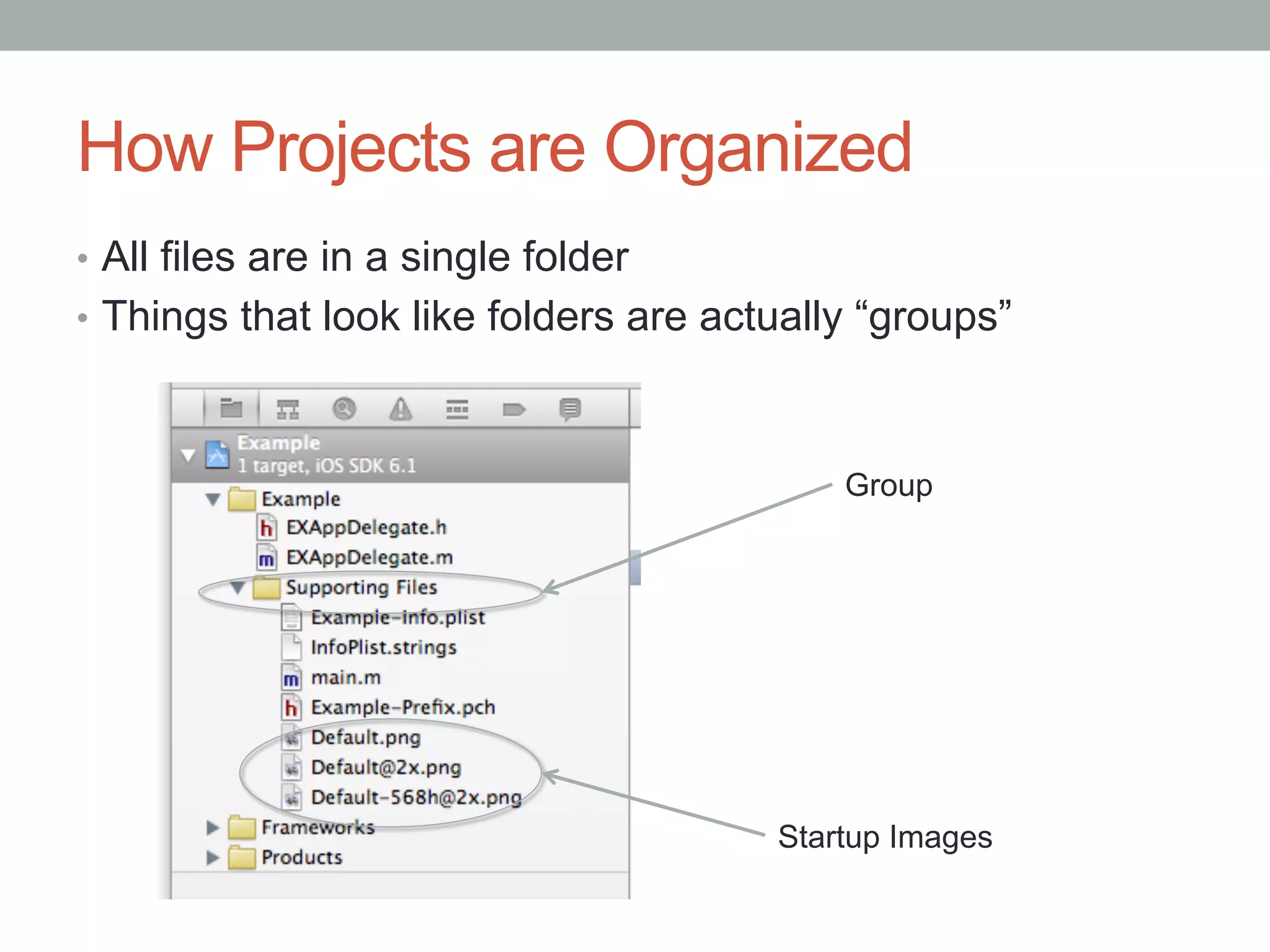 How Projects are Organized
•  All files are in a single folder
•  Things that look like folders are actually “groups”



                                            Group




                                        Startup Images
 