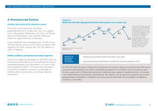 4
www.grupofaro.org
Loja: Desarrollo económico, productivo y del comercio
4. Promoción del Turismo Gráfico 4
Reducción del Valor Agregado Bruto del sector turístico en el cantón Loja
Fuente: Banco Central del Ecuador (2020).
Elaboración: FARO.
Análisis del estado de la situación actual
El turismo en el cantón se concentra
especialmente en la ciudad de Loja y en lugares
como Vilcabamba, Malacatos, El Cisne y el Parque
Nacional Podocarpus, que ofrecen atractivos
artísticos, gastronómicos y naturales.
Como resultado de la pandemia por COVID-19, en
2020 el sector turismo en el cantón se redujo 35%
respecto de 2019; al pasar de USD 49 millones a
USD 31 millones.
Política pública o programas actuales vigentes
Uno de los objetivos estratégicos del PDOT 2021 es
fomentar el desarrollo local, promoviendo el turismo
sostenible basado en la naturaleza y la cultura. Ello
está alineado al ODS 8: “Promover el crecimiento
económico sostenido, inclusivo y sostenible, el
empleo pleno y productivo y el trabajo decente
para todos”.
El turismo que llega a Loja está
compuesto por un 96,59% de
turistas nacionales y un 3,41%
de extranjeros. Se estima que
en 2021 se hospedaron 33 127
huéspedes en alojamientos
de tres a cinco estrellas.
La ocupación en estos
establecimientos alcanzó el
52,86%. Se obtuvo un total
de ingresos de más de USD
2,6 millones (Observatorio
Turístico Región Sur del
Ecuador, UTPL, 2021).
• Elaborar un plan de difusión turística del cantón Loja en 2022.
• Mejorar la infraestructura de alrededor del 60% de los atractivos turísticos en 2023.
Del PDOT se
desprenden
dos metas
relacionadas:
En 2021, el GAD de Loja, a través de su rendición de cuentas, registró un avance del 50% de los
proyectos relacionados con turismo. Identificó progresos en el diseño de los proyectos, pero
no en su ejecución. El Municipio aprobó la ordenanza que regula la implementación, el manejo
y el mantenimiento de senderos ecoturísticos del cantón, a fin de generar espacios de acceso
peatonal para residentes y visitantes, así como para el desarrollo de actividades ecológicas,
turísticas y culturales.
 