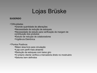 Lojas Brüske Dificuldades Grande quantidade de alterações Necessidade de redução de estoques Necessidade de estudo para verificação de margem de contribuição dos produtos Estudo de redução de colaboradores Vigilância Eletrônica Pontos Positivos Maior área livre para circulação Loja com perfil mais atraente Redução de estoques com baixo giro O próprio cliente verifica a mercadoria direto no mostruário Setores bem definidos SUGERIDO 