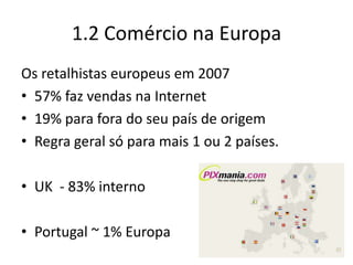 1.2 Comércio na EuropaOs retalhistas europeus em 200757% faz vendas na Internet19% para fora do seu país de origemRegra geral só para mais 1 ou 2 países.UK  - 83% internoPortugal ~ 1% Europa