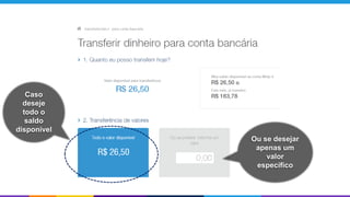 Caso
deseje
todo o
saldo
disponível
Ou se desejar
apenas um
valor
específico
 