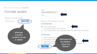 Informar
e-mail e
conferir se ele
é válido Definidos os
privilégios,
clicar em
“Salvar”
 