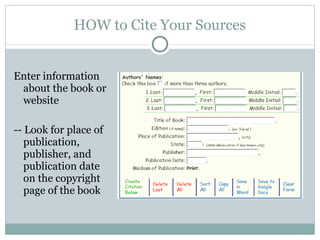 HOW to Cite Your Sources Enter information about the book or website  -- Look for place of publication, publisher, and publication date on the copyright page of the book 