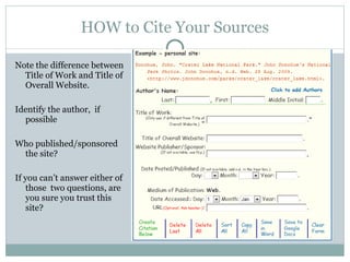 HOW to Cite Your Sources Note the difference between Title of Work and Title of Overall Website. Identify the author,  if possible Who published/sponsored the site? If you can’t answer either of those  two questions, are you sure you trust this site? 