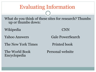 Evaluating Information  What do you think of these sites for research? Thumbs up or thumbs down: Wikipedia CNN Yahoo Answers   Gale PowerSearch The New York Times Printed book The World Book    Personal website Encyclopedia 