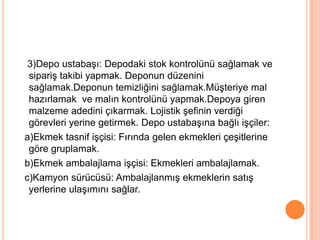    3)Depo ustabaşı: Depodaki stok kontrolünü sağlamak ve sipariş takibi yapmak. Deponun düzenini sağlamak.Deponun temizliğini sağlamak.Müşteriye mal hazırlamak  ve malın kontrolünü yapmak.Depoya giren malzeme adedini çıkarmak. Lojistik şefinin verdiği görevleri yerine getirmek. Depo ustabaşına bağlı işçiler: a)Ekmek tasnif işçisi: Fırında gelen ekmekleri çeşitlerine göre gruplamak.  b)Ekmek ambalajlama işçisi: Ekmekleri ambalajlamak.  c)Kamyon sürücüsü: Ambalajlanmış ekmeklerin satış yerlerine ulaşımını sağlar. 