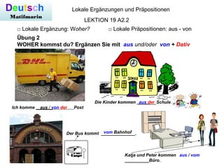 Deutsch
Matifmarin
Lokale Ergänzungen und Präpositionen
□ Lokale Ergänzung: Woher? □ Lokale Präpositionen: aus - von
LEKTION 19 A2.2
Übung 2
WOHER kommst du? Ergänzen Sie mit aus und/oder von + Dativ
Ich komme _______ Postaus / von der
Die Kinder kommen ________Schule.aus der
Der Bus kommt ______________.vom Bahnhof
Katja und Peter kommen
__________Büro.
aus / vom
 