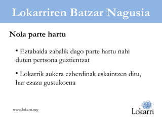 Lokarriren Batzar Nagusia Eztabaida zabalik dago parte hartu nahi duten pertsona guztientzat Lokarrik aukera ezberdinak eskaintzen ditu, har ezazu gustukoena Nola parte hartu www.lokarri.org 