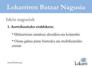 Lokarriren Batzar Nagusia 1. Aurreikusitako eraldaketa : Diskurtsoan amaitua: akordioa eta kontsulta Osatu gabea parte hartzeko eta mobilizatzeko eretan Ideia nagusiak www.lokarri.org 