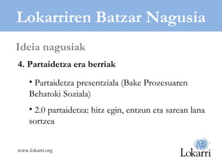Lokarriren Batzar Nagusia 4. Partaidetza era berriak Partaidetza presentziala (Bake Prozesuaren Behatoki Soziala) 2.0 partaidetza: hitz egin, entzun eta sarean lana sortzea Ideia nagusiak www.lokarri.org 