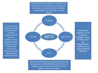 Existen dos tipos de alfarería, la utilitaria y la
                      ceremonial: La ceremonial era enterrada con
                       los difuntos, llenos de alimentos o bebidas.
                         Cuando llegaron los españoles se volvió
                                         utilitaria.



                                          ALFARERIA


 La pintura como
expresión estética
 se manifestó en                                                                 toneladas de
    murales y                                                                  trabajos en oro
 mantos. Bonavía                                                                   y plata sin
     señala la
 diferencia entre
                     PINTURA
                                        ARTE                    AGRICULTURA   embargo, fueron
                                                                                fundidos para
paredes pintadas                                                                       ser
 de uno o varios                                                              transportados o
   colores y los                                                               usados por los
   murales con                                                                conquistadores
diseños o motivos                                                                 españoles.
  representando                             TEXTIL
escenas diversas.


                     Mayormente utilizaban lana de alpaca para la ropa
                     del inca y de su familia bordado con hilos de oro.
                      También crearon tejidos decorados con lana y
                                algodón y plumas de colores.
 