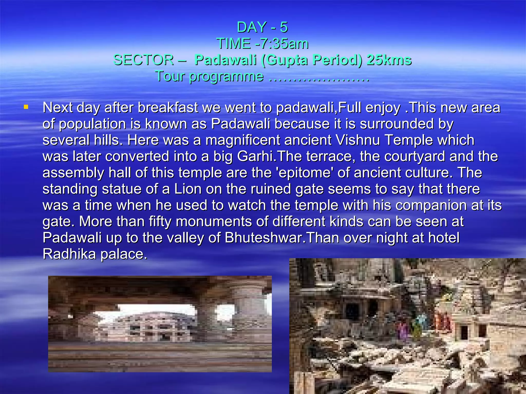 DAY - 5 TIME -7:35am SECTOR –  Padawali (Gupta Period) 25kms Tour programme ………………… Next day after breakfast we went to padawali,Full enjoy .This new area of population is known as Padawali because it is surrounded by several hills. Here was a magnificent ancient Vishnu Temple which was later converted into a big Garhi.The terrace, the courtyard and the assembly hall of this temple are the 'epitome' of ancient culture. The standing statue of a Lion on the ruined gate seems to say that there was a time when he used to watch the temple with his companion at its gate. More than fifty monuments of different kinds can be seen at Padawali up to the valley of Bhuteshwar.Than over night at hotel Radhika palace. 