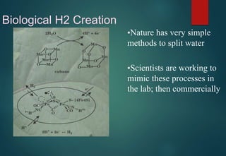 Biological H2 Creation
▪Nature has very simple
methods to split water
▪Scientists are working to
mimic these processes in
the lab; then commercially
 