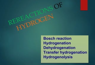 Bosch reaction
Hydrogenation
Dehydrogenation
Transfer hydrogenation
Hydrogenolysis
 