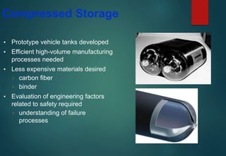 Compressed Storage
▪ Prototype vehicle tanks developed
▪ Efficient high-volume manufacturing
processes needed
▪ Less expensive materials desired
▫ carbon fiber
▫ binder
▪ Evaluation of engineering factors
related to safety required
▫ understanding of failure
processes
 