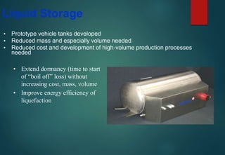 Liquid Storage
▪ Prototype vehicle tanks developed
▪ Reduced mass and especially volume needed
▪ Reduced cost and development of high-volume production processes
needed
• Extend dormancy (time to start
of “boil off” loss) without
increasing cost, mass, volume
• Improve energy efficiency of
liquefaction
 