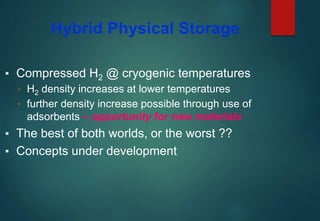 Hybrid Physical Storage
▪ Compressed H2 @ cryogenic temperatures
▫ H2 density increases at lower temperatures
▫ further density increase possible through use of
adsorbents – opportunity for new materials
▪ The best of both worlds, or the worst ??
▪ Concepts under development
 