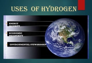 USES OF HYDROGEN
4 ENERGY
SECURITY
4 ECONOMIC
PROSPERITY
4 ENVIRONMENTAL STEWARDSHIP
 