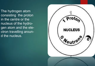 The hydrogen atom
consisting the proton
in the centre or the
nucleus of the hydro-
gen atom and the ele-
ctron travelling aroun-
d the nucleus.
 